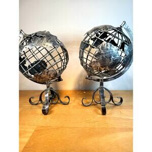 Pair of Vintage Brutalist Black Metal Open Globes Sculpture Decor